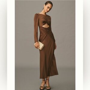 Bardot Daring Satin Long-Sleeve Brown Maxi Dress Size 8 NWT